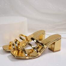 Women's Solid Color Party PU Leather Patent Thick Heel High Heel Sandals, Summer - Gold - View 7