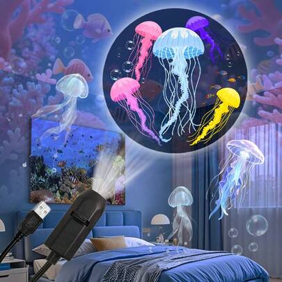 1 Set Of 3/6/10pcs USB Mini Ocean Projection Lights, LED Decorative Lights,With Jellyfish, Clownfish, Octopus, Sea Turtle, Seahorse, Shark, Dolphin, Starfish, Seashell, Crab, And Eel Designs. Perfect For Decorating Bedrooms And Rooms With A Playful, Childlike Charm-Ideal As A Gift