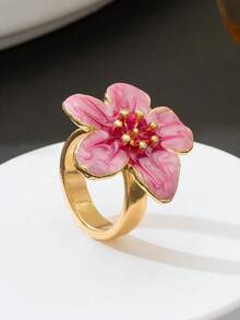 1件优雅法式扎染珐琅手工五瓣花双层戒指，女士饰品 - 粉色 - 查看 3