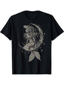 Fashion-Little Mermaids Ariels Tattoo Style Portrait T-Shirt Graphic Tees Men - màu đen - Xem 1