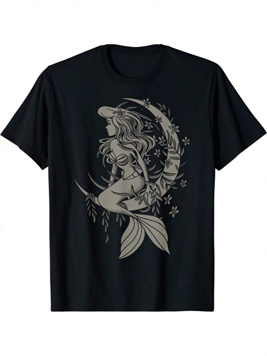 Fashion-Little Mermaids Ariels Tattoo Style Portrait T-Shirt Graphic Tees Men - màu đen - Xem 1