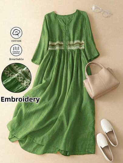 Vintage Embroidered Dress, Hobo Style Aesthetic Round Neck 3/4 Sleeve Embroidered Midi Dress, Elegant Embroidered Women's A-Line Dress, Holiday Women's Vintage Style Simple Daily Summer Dress, Bohemian Vacation Embroidered Decor Spring