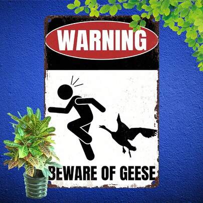 1pc Iron "Caution Geese" Sign, UV Printed Wall Decor, 8"X12", Multipurpose Indoor/Outdoor Metal Plaque With Pre-Drilled Holes, Suitable For Home, Office, Bar, Cafe Windproof Art Decoration