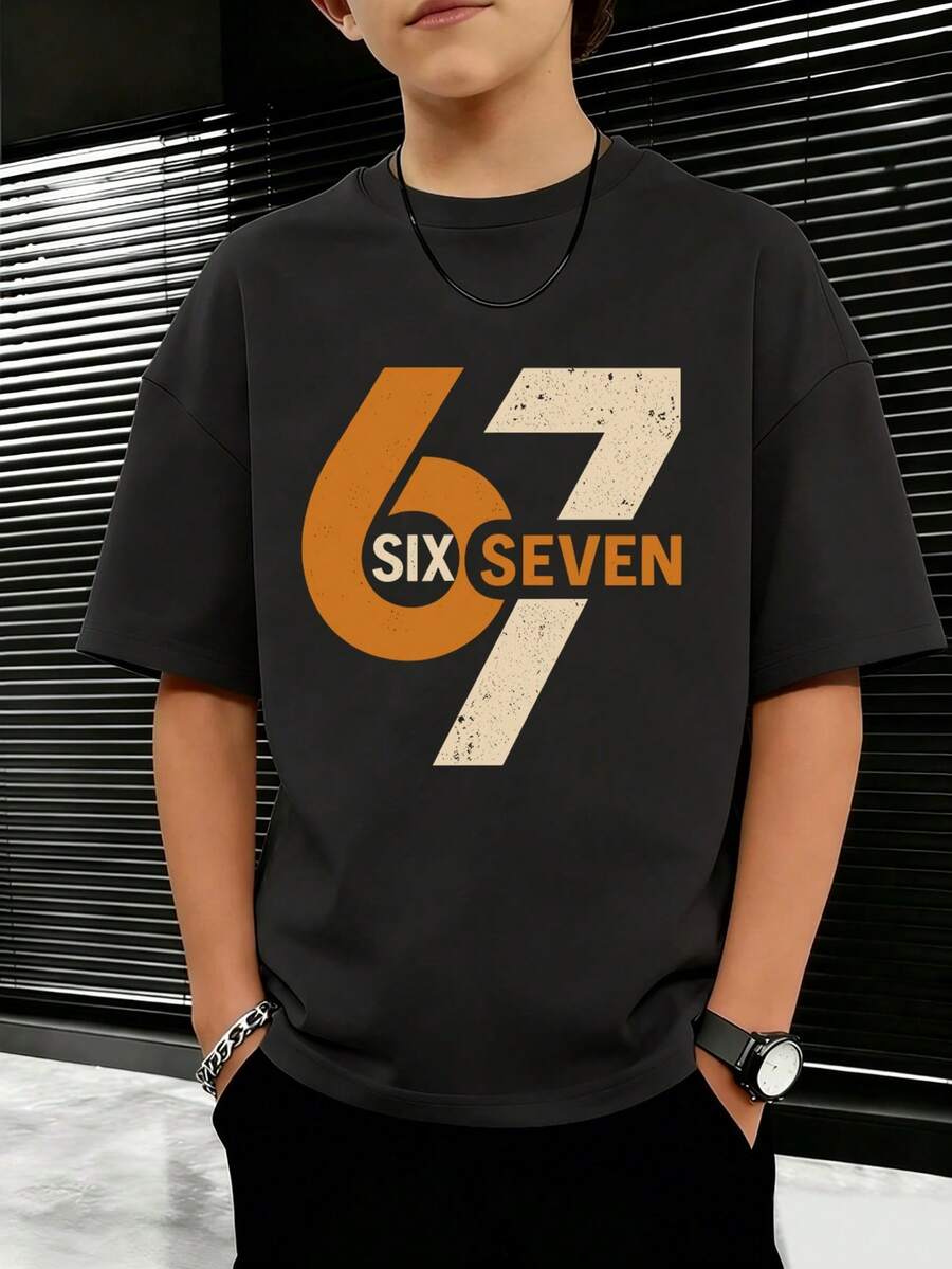 男童休闲印花圆领短袖T恤，夏季上衣 - 黑色 - 查看 1