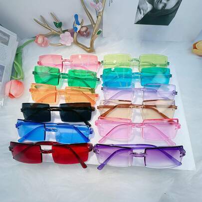 12pcs Women's Frameless Square Colorful Eyeglasses For Beach Party, Outdoor Casual Street Style