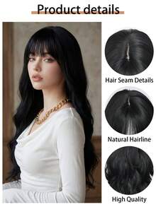 30英寸黑色波浪假发，女士款 - 带刘海，优质合成纤维，可调节帽套 | 日常/派对造型 - 黑色 - 查看 3