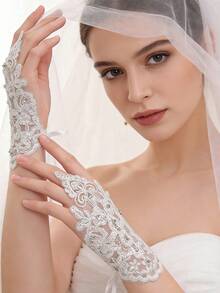 2pcs/Set White Short Rhinestone Lace Fingerless Gloves, Bridal Embroidered Lace Gloves, Elegant Accessory For Wedding Dress, Suitable For Wedding, Banquet, Party, Performance, Birthday, Holiday Events,Summer,Beach - Multicolor - View 3