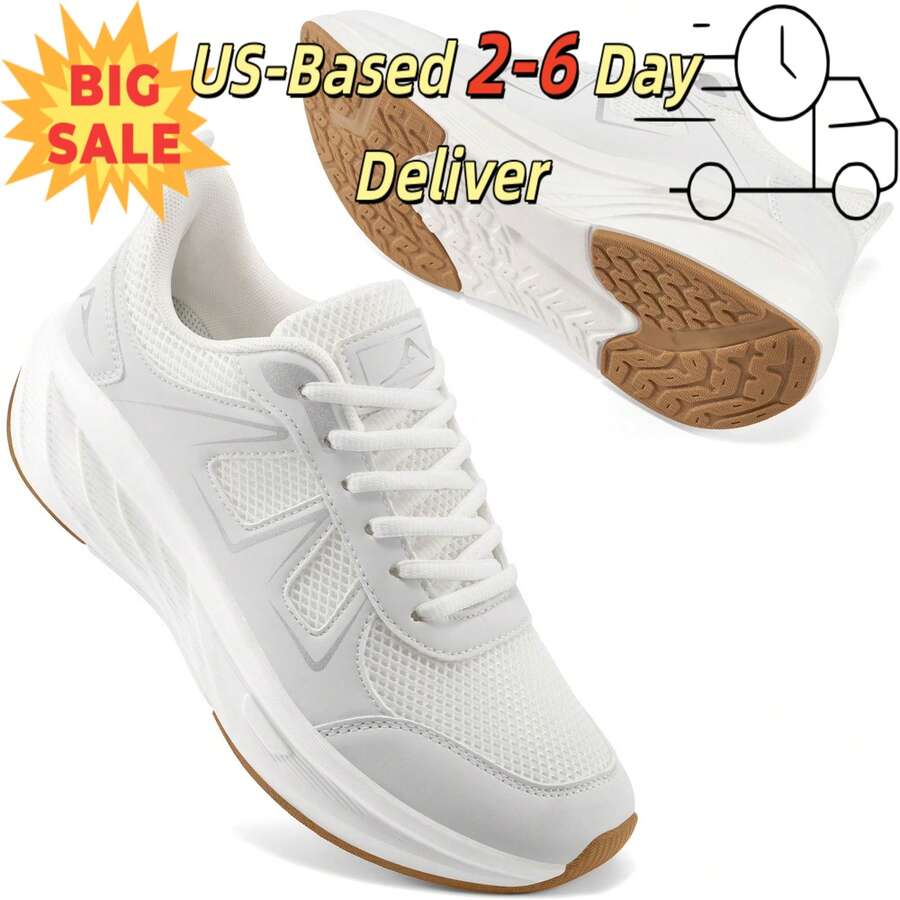 Women's White Platform Sports Shoes - Ultra-Lightweight & Breathable Mesh Lace-Up Sneakers With Thick Wedge Sole For Women, Non-Slip Athletic Shoes For Running, Cycling, Walking, Tennis, Gym Training, Yoga & Outdoor Workouts | All-Season Comfortable Sneakers For Daily Casual Wear.White Shoes,Women's Shoes,Valentine's Day,Beach Shoes,White Sneakers For Women,Tennis Shoos,Platform Sneakers. - trắng - Xem 1