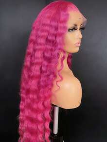Dragon Fruit Colored High Quality Deep Wave Glueless Wigs Human Hair With Baby Hair 13x4 HD Transparent Lace Front Wigs Human Hair Free Parting 200 Density Fluorescent Powder Deep Curly Lace Frontal Wig For Women Suitable For Everyone - hồng - Xem 3