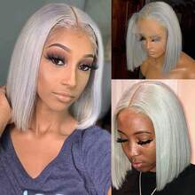 100% Human Hair Women's Soft Silver Gray Straight Bob Wig, Hair Density 180, Length 10 Inches 12 Inches 14 Inches, 13x4 High Definition Transparent Lace Front Wig, Pre-Trimmed Natural Hairline, Lace Front Wig With Bangs/Middle Part/Side Part Options - S1/Gray - View 4