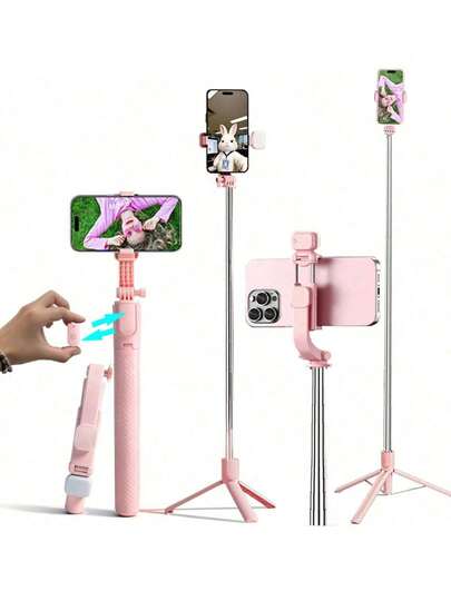 67英寸/170厘米可伸缩铝合金自拍杆三脚架，带补光灯和蓝牙遥控器，兼容iOS/安卓智能手机 - 旅行、Vlog、直播、户外摄影的理想之选，小巧便携，是Vlogger和旅行者的完美之选 - 随时随地捕捉网红级美照！畅销产品！
