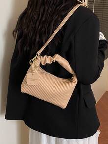 Bolso de mano minimalista y de moda con cremallera, conjunto completo de pliegues tejidos de PU, bolso de hombro mini portátil adecuado para mujeres, compras, citas, fiestas, regalo - Caqui - Ver 3