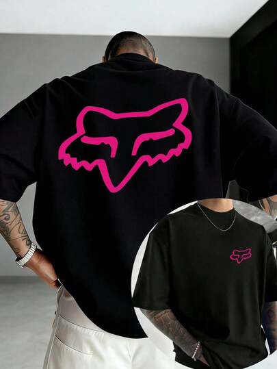 T-shirt homme, style urbain européen et américain, motif tête de renard rose Fox Racing imprimé, 200 g 100 % coton, manches courtes, coupe ample, style streetwear, idéal pour l'été et les sports outdoor, lavable en machine, un incontournable pour les passionnés de plein air, disponible en versions homme et femme.