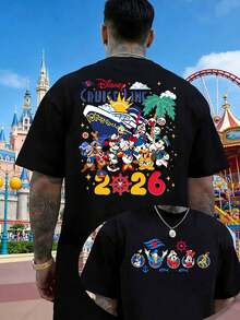 2026 Disney Cruise Commemorative T-Shirt, Featuring A Mickey Mouse Family Double-Sided Design, Men's Summer Crew Neck T-Shirt, Casual And Loose Fit, Unisex, Suitable For Everyday Wear, Outings, Commuting, And Parties. - 黑色 - 查看 1