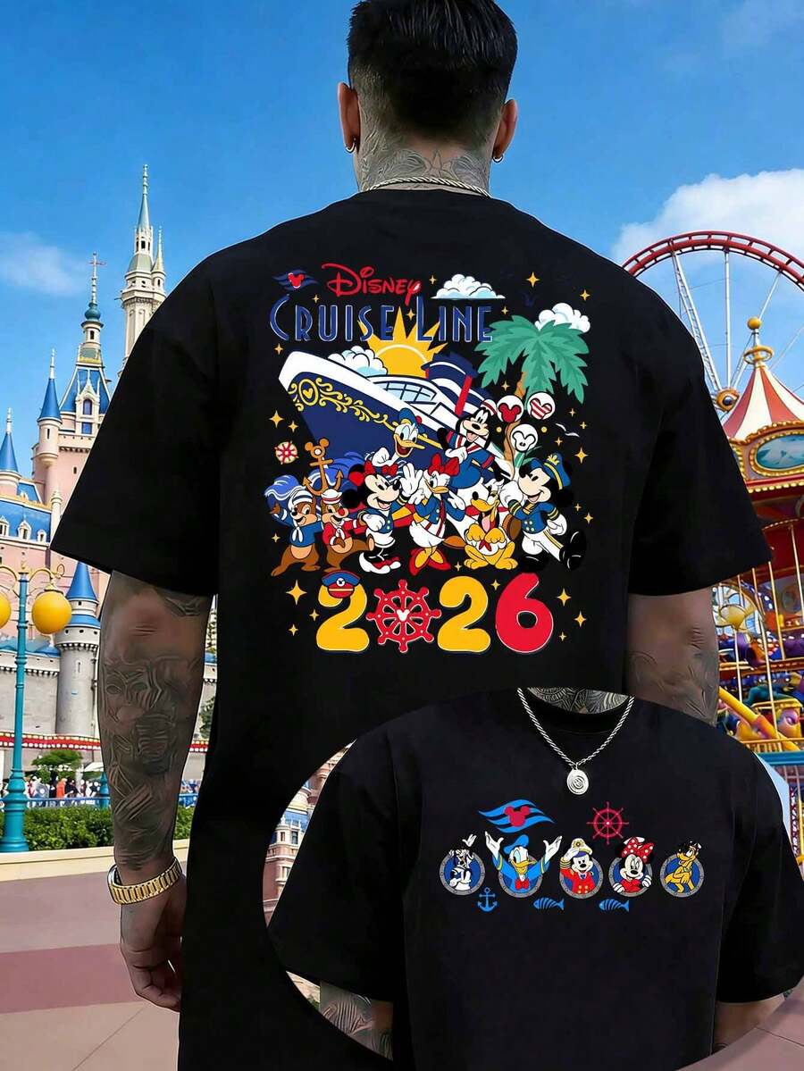 2026 Disney Cruise Commemorative T-Shirt, Featuring A Mickey Mouse Family Double-Sided Design, Men's Summer Crew Neck T-Shirt, Casual And Loose Fit, Unisex, Suitable For Everyday Wear, Outings, Commuting, And Parties. - 黑色 - 查看 1