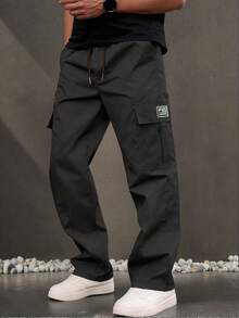 Men's Fashion Cargo Pants, Straight Leg, Elastic Waist, Loose Fit, Solid Color, Single Side Embroidered Logo, Long Pants, Fall - Black - View 1