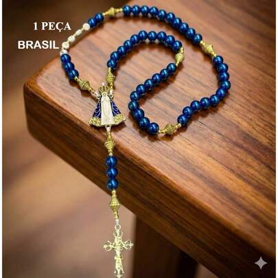 Terço Católico Personalizado Pérolas Azuis e dourado Nossa Senhora