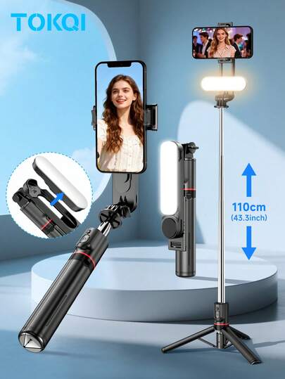 TOKQI Extendable Bluetooth Selfie Stick Tripod With Fill Light,Dimmable Cold/Netural/Warm Lighting,Stable Stand Compatible With Multi Model Smartphones,Indoor Outdoor Video Recording,Live Streaming,Vacation, Travel Vlog, Family Gatherings,Shooting,Recording