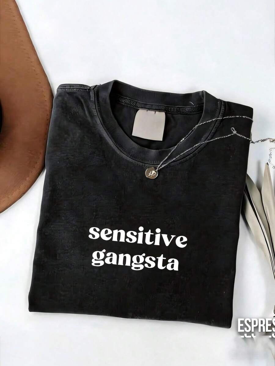 Sensitive Gangsta  Quote T-Shirt Meme God Forbid L'm A Sensitive Gangster Graphic Tee,Im  A Mommy Mamacita T-Shirt Gift For Hereaster Outfits - 黑色 - 查看 1