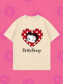 Whysmera SHEIN X Betty Boop 夏季女式短袖心形花环人像图案T恤，融合甜美少女风格与美式复古美学 - 杏色 - 查看 1
