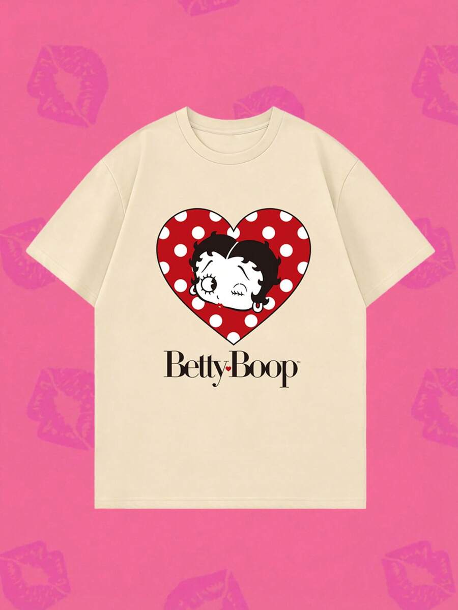 Whysmera SHEIN X Betty Boop 夏季女式短袖心形花环人像图案T恤,融合甜美少女风格与美式复古美学 - 杏色 - 查看 1
