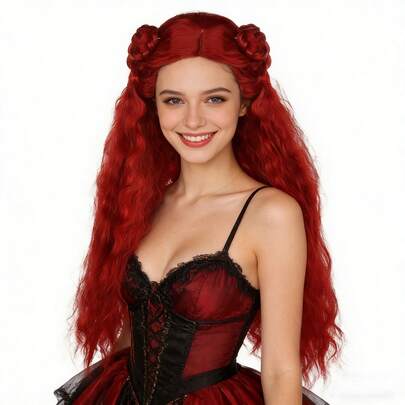 Luxury Red Long Curly Cosplay Wig With Braided Buns, Heat Resistant Synthetic Hair, Natural Fluffy Voluminous Waves, Perfect For Holiday Party, Renaissance Fair, Medieval Costume, Anime Cosplay, Gothic Lolita & Daily Wear - Soft Touch, Easy To Style & Reusable - Ideal For Fans Of Mermaid, Vampire, Princess & Fantasy Characters - Great Gift For Women & Cosplayers