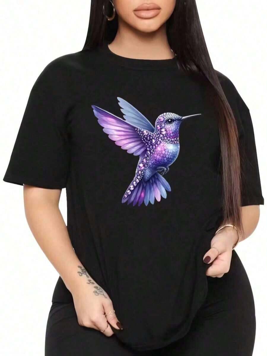 Playera camiseta gráfica dama mujer manga corta cuello redondo básica cómoda fresca ligera moderna juvenil casual estampado colibrí ave linda tierna cute primavera verano - Negro - Ver 1
