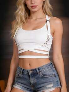 1件装女士白色皮革吊带腰带一体式服装束缚带 - 白色LB-007GZW - 查看 2