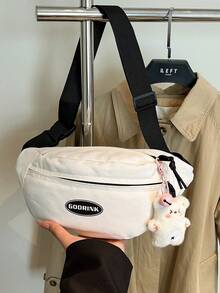 学生街头可爱纯色女士斜挎包，夏季多功能腰包，泰迪熊装饰，休闲手机零钱包单肩包，户外旅行大容量运动斜挎包，时尚日常通勤假日礼物腰包 - 白色 - 查看 8