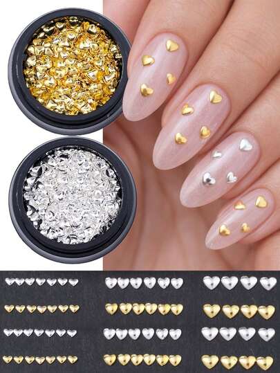 1/2 Box Gold Silver Heart Metal Nail Art Decoration 3D Cute Mini Heart Nail Charms Design Mixed Styles Kawaii Japanese Style Nail Jewelry Accessories Nail Supplies For Home DIY Salon Nail Art Nails Nail Gems