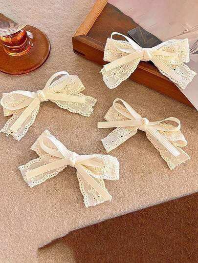 2/4pcs Vintage Style Embroidered Fabric Barrettes, Lace Bow Ties, Suitable For Bohemian And Sweet Styles, Hair Clips, Ideal For Vacation And Outdoor Wear