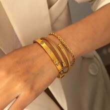 Set de 3 piezas de joyería de pulsera con flor y circonita cúbica de acero inoxidable de alta calidad y de moda, adecuado para uso diario - Dorado - Ver 5