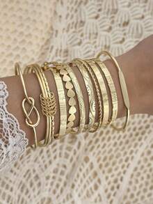 10pcs/Set Punk Style Multi-Layer Bracelet & Bangle Set, Women's Elegant Twisted Shiny Adjustable Wrist Jewelry, Couple Gift - Yellow Gold - View 1