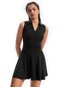 Plain Fitness Dress With Polo Collar And Built-In Shorts With Comfortable Pocket - 黑色 - 查看 1