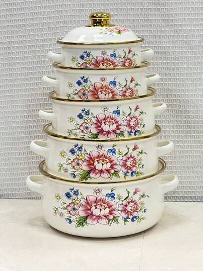 Olla de esmalte de 1.ª calidad, con doble asa y tapa, diseño de borde enchapado, disponible en 16/18/20/22/24 cm, adecuada para restaurantes y cocina en el hogar, excelente para reuniones familiares, fiestas festivas, campamentos y picnics de primavera/verano