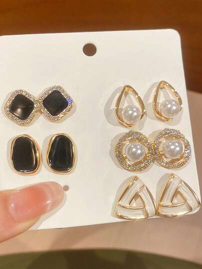 5 Pairs Of Geometric Earrings, Adorned With Imitation Pearls, Suitable For Daily And Festive Wear