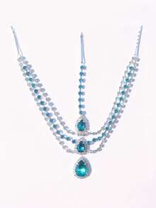 1件优雅女士蓝绿色水滴形吊坠头链，新娘水晶额链饰品 - 銀色 - 查看 4