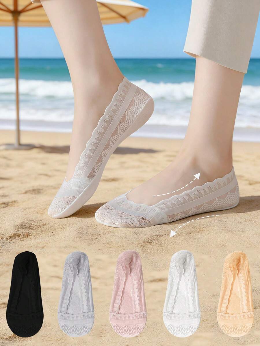1/5/10 Pairs Summer Student Women's Fashionable Comfortable Cool Elastic Socks With Hollowed Out Lace And Invisible Boat Socks