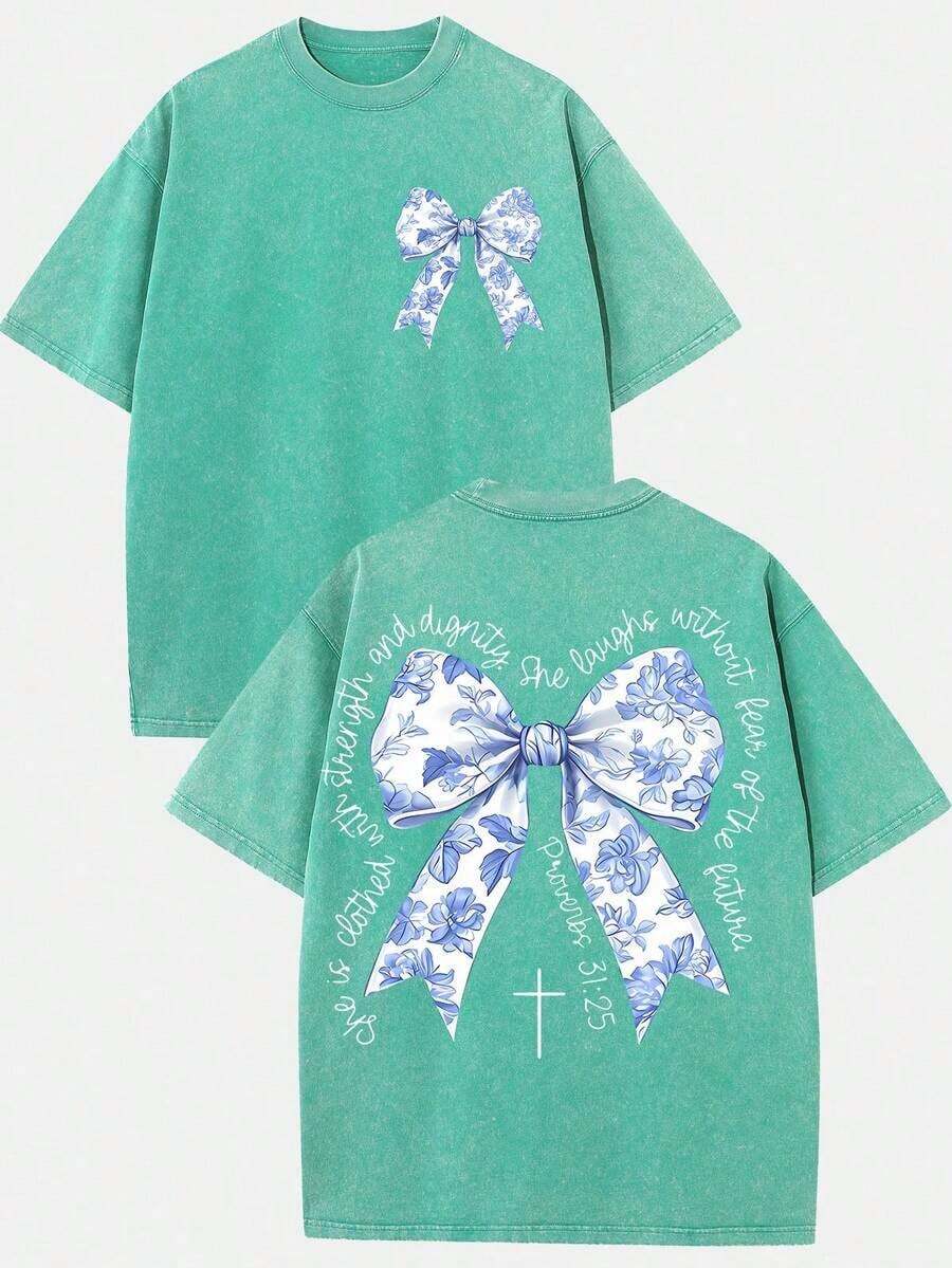 2026 Summer Clothes(230g T-Shirt) Oversized Washed Cotton "Faith Over Fear" Floral Graphic Christian T-Shirt, Casual Soft Short Sleeve, Breathable Ret - 綠色 - 查看 1