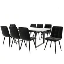 Dining Room Set (Table 140/180*80*75 Cm With 8 Chairs), Modern Kitchen Set, Black Velvet Chairs, White MDF Tabletop, Black Table Legs - Black - View 3