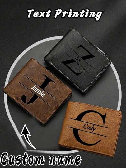 Customized Men's Short Wallet In Solid Color With Letter Print, Made Of PU Leather, PU Simple Bifold Multi-Card Slots Wallet, Personalized Gift For Brother, Father, Boyfriend,Anniversaries, Father's Day, And Christmas,Valentine's Day