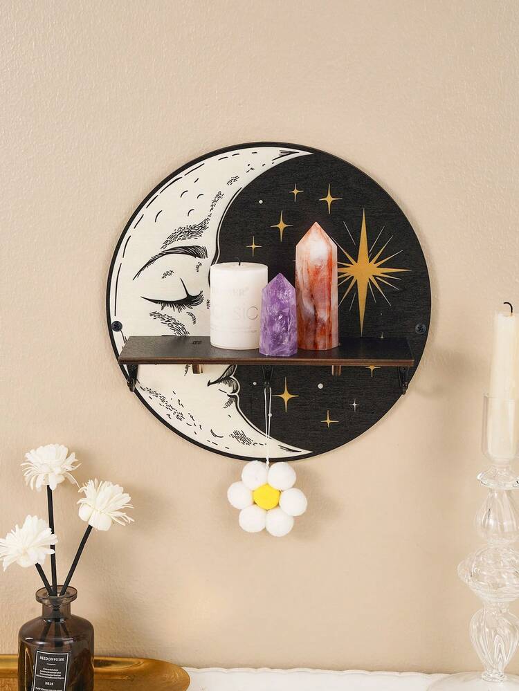 1pc Simple Moon-Shaped Round Wall Decor Floating Shelf, DIY Assembly, Lightweight Wooden Panel With Iron Hook Design, Wall-Mounted Storage Rack For Home, Living Room, Bedroom, Suitable For Decoration, Display, Candle Holder - View 6