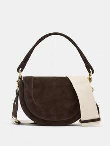 ZA New Autumn Women's Burgundy Saddle Bag, Contrast Stitching Design, Top Handle One Shoulder Crossbody Flap Hardcase - Coffee - View 5