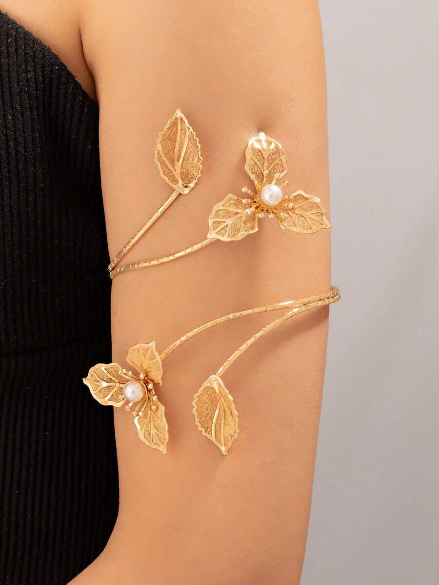 1件装女士金属质感花卉手镯，复古新款优雅手臂饰品 - 金色36 - 查看 1