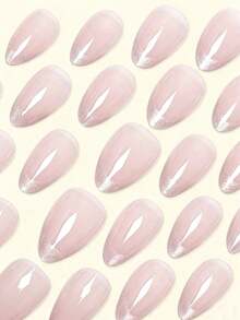 Y2K 30pcs Cat Eye Almond Shaped Nail Stickers, Super Glossy Acrylic Nail Stickers With Pink Gradient Glitter Pattern, Elegant Minimalist Style Artificial Nails, Removable Toe Nail Stickers Suitable For Holidays, Parties, Gatherings, Dates, Daily Wear - Pink - View 2