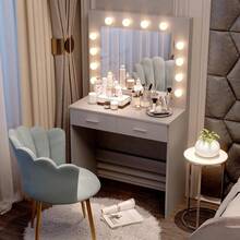 Jooli H White Dressing Table Set With LED Lighting Mirror, Cosmetic Table With 2 Large Drawers And Stool - Makeup Vanity Table Set - Bạc Xám - Xem 1