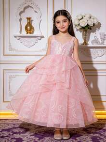 Pink Sequin Camisole Dress For Young Girls, Princess Dress Suitable For Parties And Performances - Pink - View 3