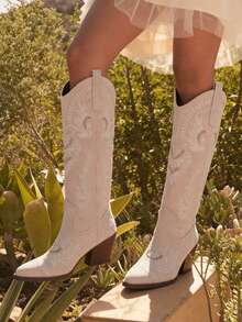 Apricot Cowgirl Outfits For Women Boots Pointed Toe Embroidered Thick Heels Festival Shoes Country Concert Botas Largas Para Mujer - Màu Khaki - Xem 4