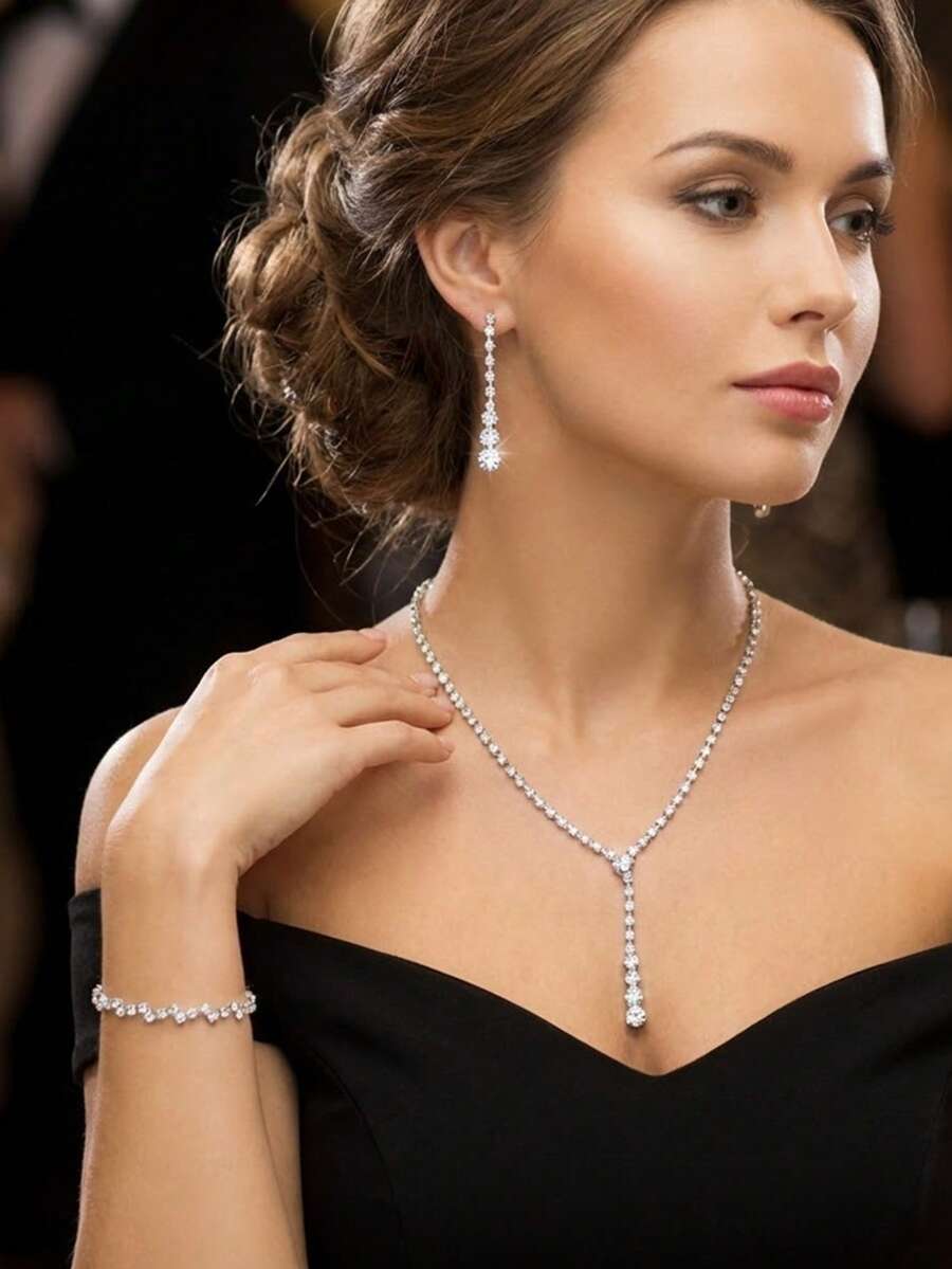 4pcs Bridal Wedding Necklace Earrings Bracelet Set, Women's Rhinestone Tassel Jewelry Set, Sparkling Party Banquet Luxury Jewelry