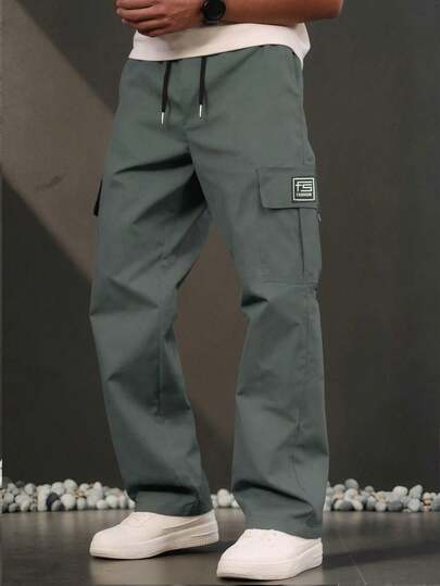 Men's Fashion Cargo Pants, Straight Leg, Elastic Waist, Loose Fit, Solid Color, Single Side Embroidered Logo, Long Pants